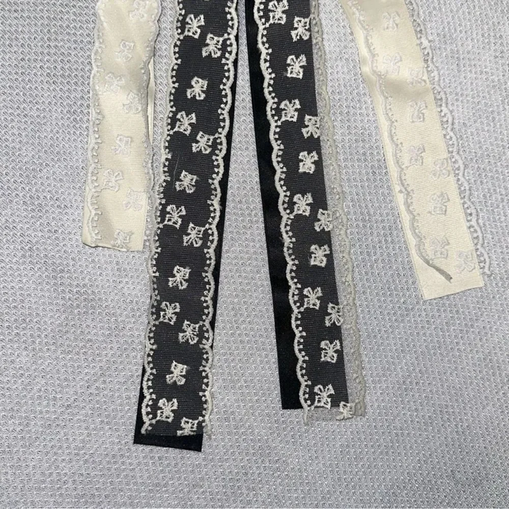 SJ Ivory White Black Ivory Satin Floral Lace Bow Tie Clips Set of 2